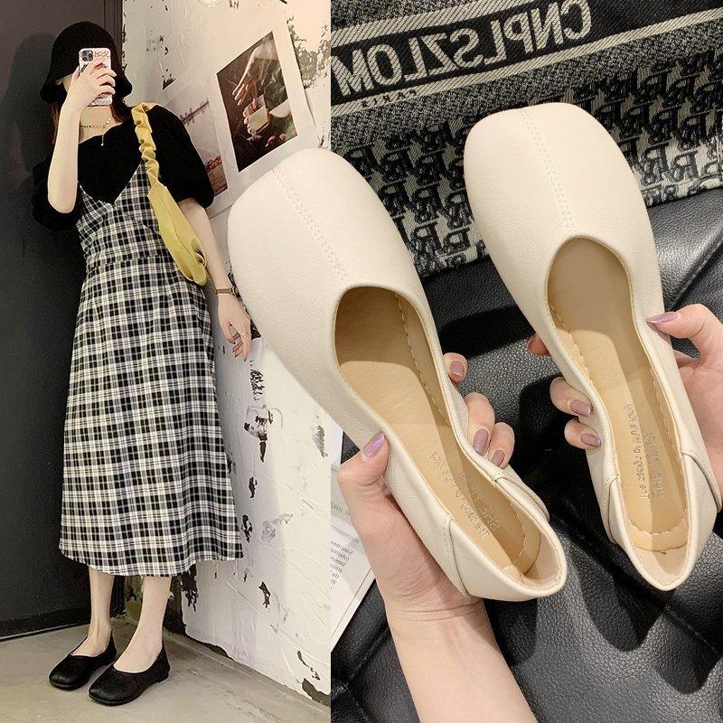 New Comfortable Soft-soled Two Single Shoes for Women, Autumn Square Head Flat-soled Grandma Shoes, Shallow-mouth Doudou Shoes for Women