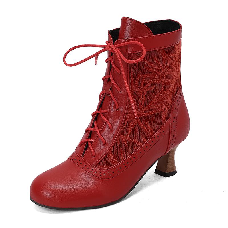 Fashion 2025 Women Victorian Pointed Toe Ankle Boots Leather Lace Hollow Out Punk Lace Up Strange Steampunk High Heel Shoes Size 34-46