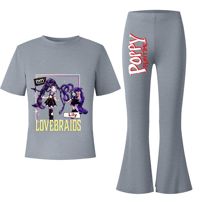 2pcs Kids Girls Lily Lovebraids Printed Casual Short Sleeves T-shirt Top Flared Trumpet Trousers Top Pants Sets