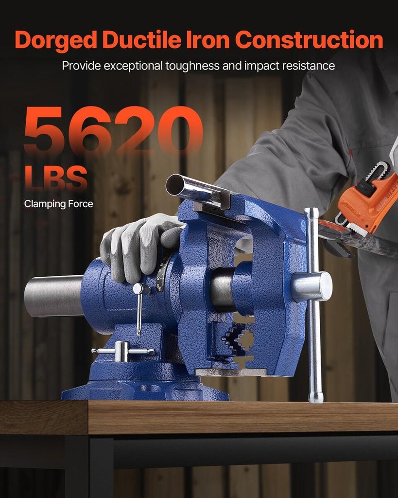 6-1/2" Multi-Purpose Bench Vise Heavy Duty Ductile Iron 360° Swivel Base