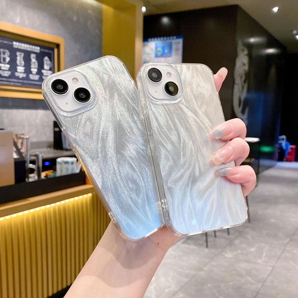 Feather yarn laser case for iPhone15Pro mobile phone case 14/13 protective case Apple 12/11 silver simple