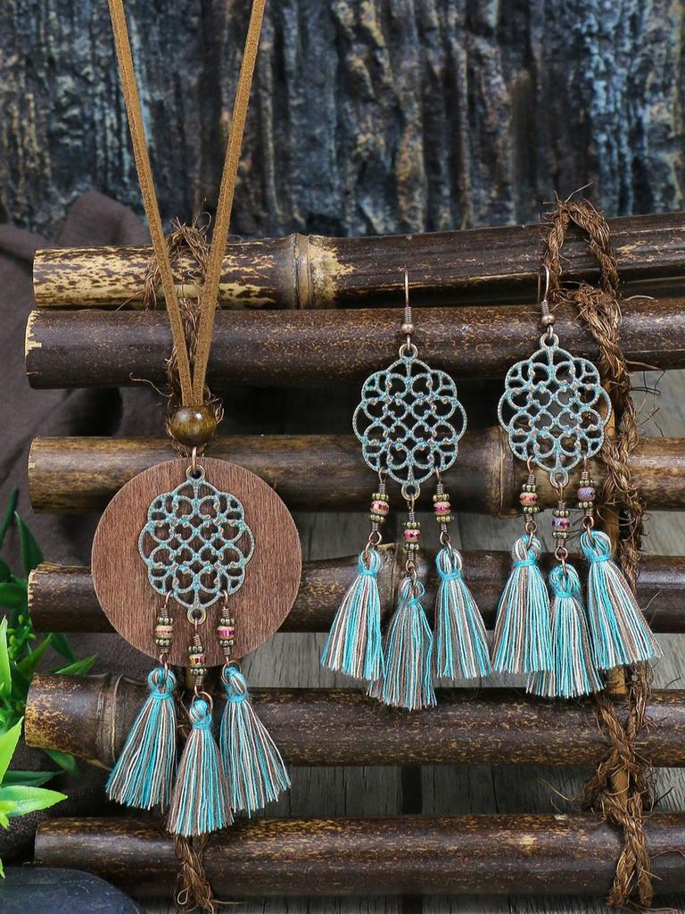 Bohemian style ethnic characteristic hollowed out carved pendant with tassel earrings necklace set combination