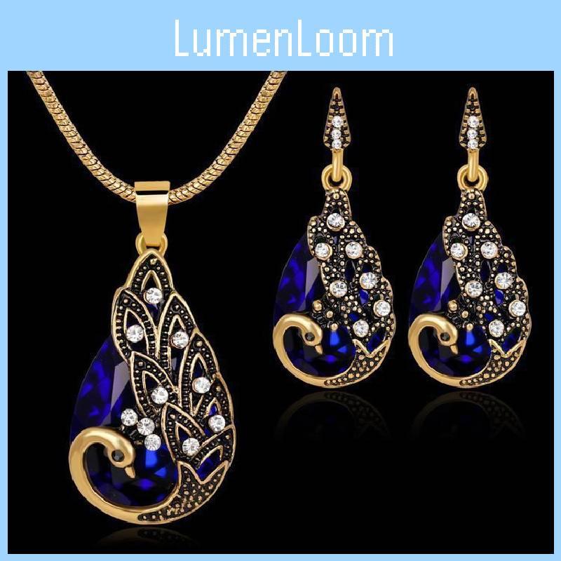 Exquisite European Vintage Peacock Jewelry Set Stunning Gemstone Necklace And Earrings