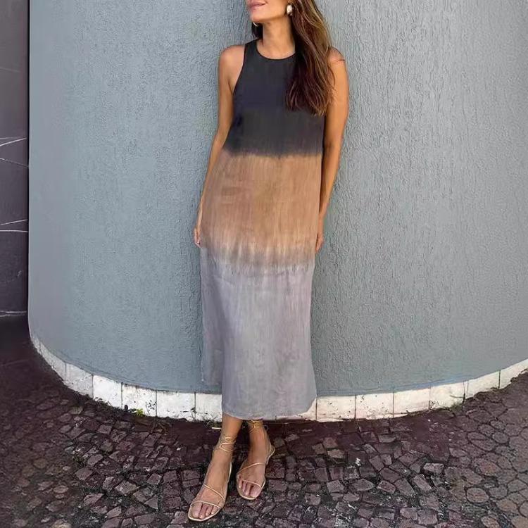 Women's Summer Loose-Fit Casual Cotton-Linen Sleeveless A-Line Skirt with Side Slit An Elegant Gradient Dress