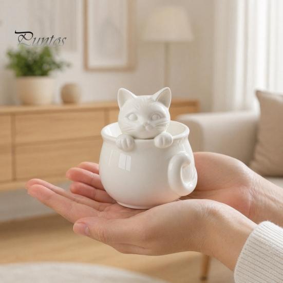 White Cat Teacup Ornament 3D Printed Teacup, Cute Coffee Cup, Figurine Shaped Desk Accessory Mugs, Holiday and Birthday Gift for Milk Tea Lovers