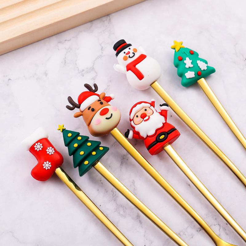 Nerezová ocel Vánoční stromek Ve tvaru čepice Santa Kreativní lžička na míchání kávy Dezertní vidlička na ovoce Pro sváteční stolování Párty Dekorace