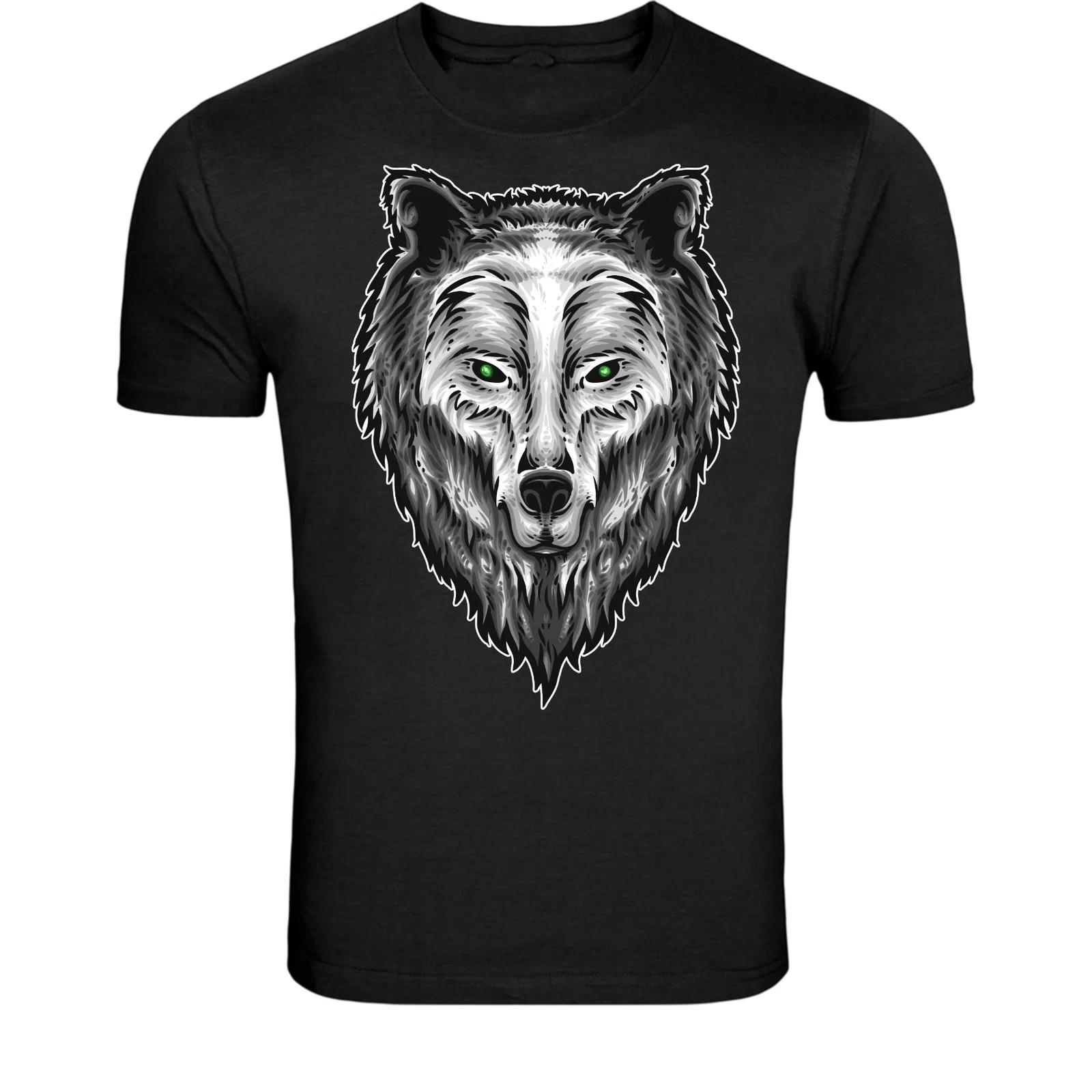 Wolf Head Green Eyes T-Shirt - Wild Animal Predator Graphic Tee L