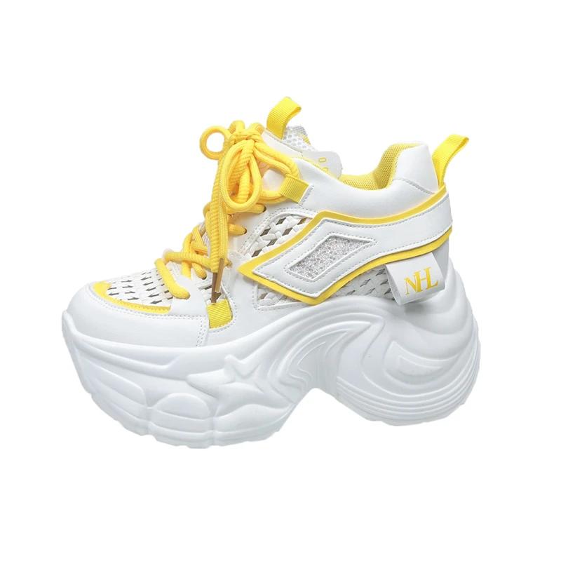 9CM New 2025 Chunky Leather Sneakers Summer Casual Vulcanized Shoes Woman High Platform Breathable Mesh Sneakers Sport Dad Shoes