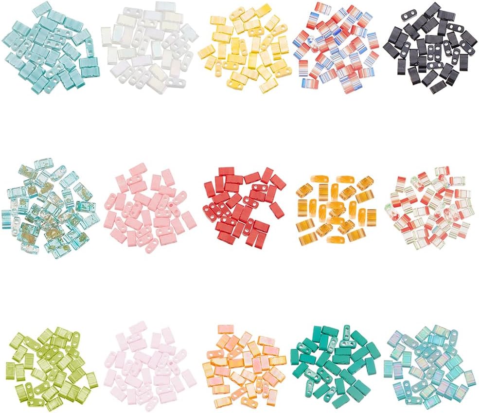450Pcs 15 Colors 2-Hole Glass Seed Beads Transparent Colours Rectangle Mixed Color 4.5~5.5x2x1~2.5mm Hole: 0.5~0.8mm 30pcs/colors