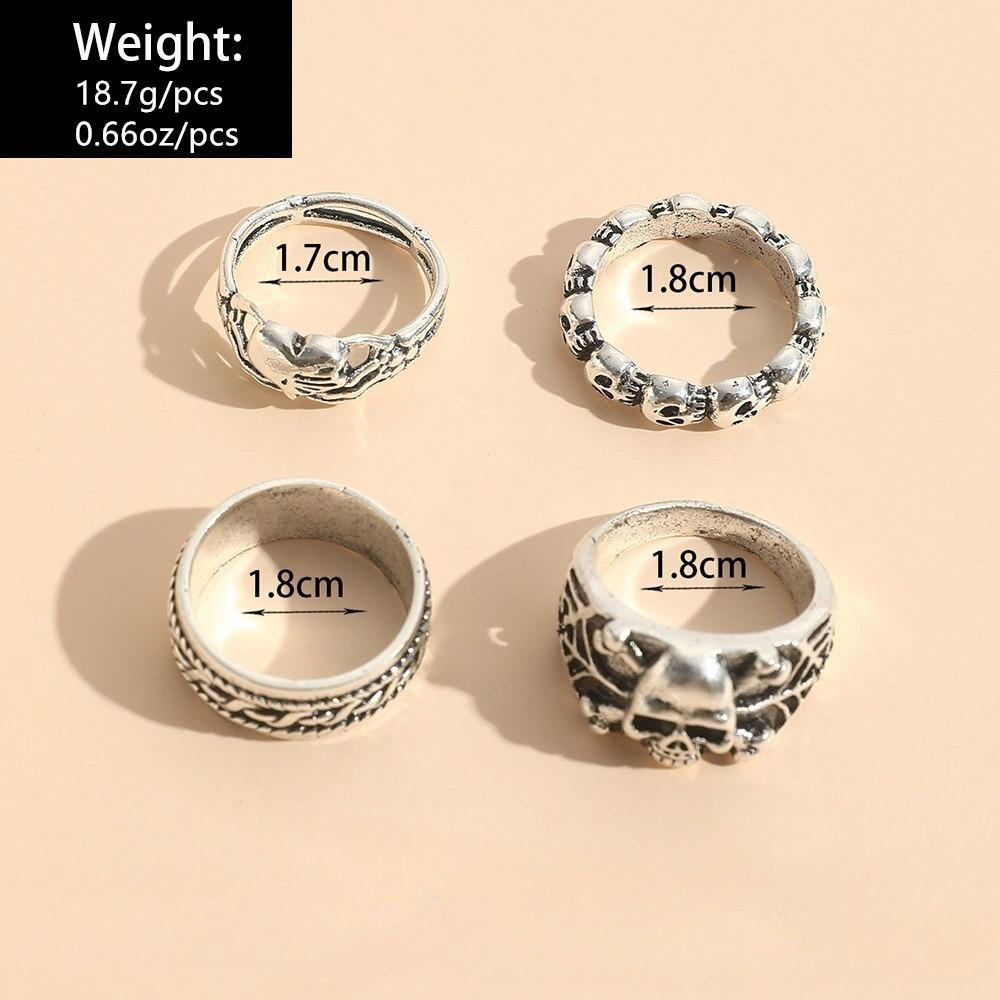 4PCS Gothic Trendy Jewelry Silver Color Skull Finger Rings for Women Punk Heart Butterfly Boho Ring