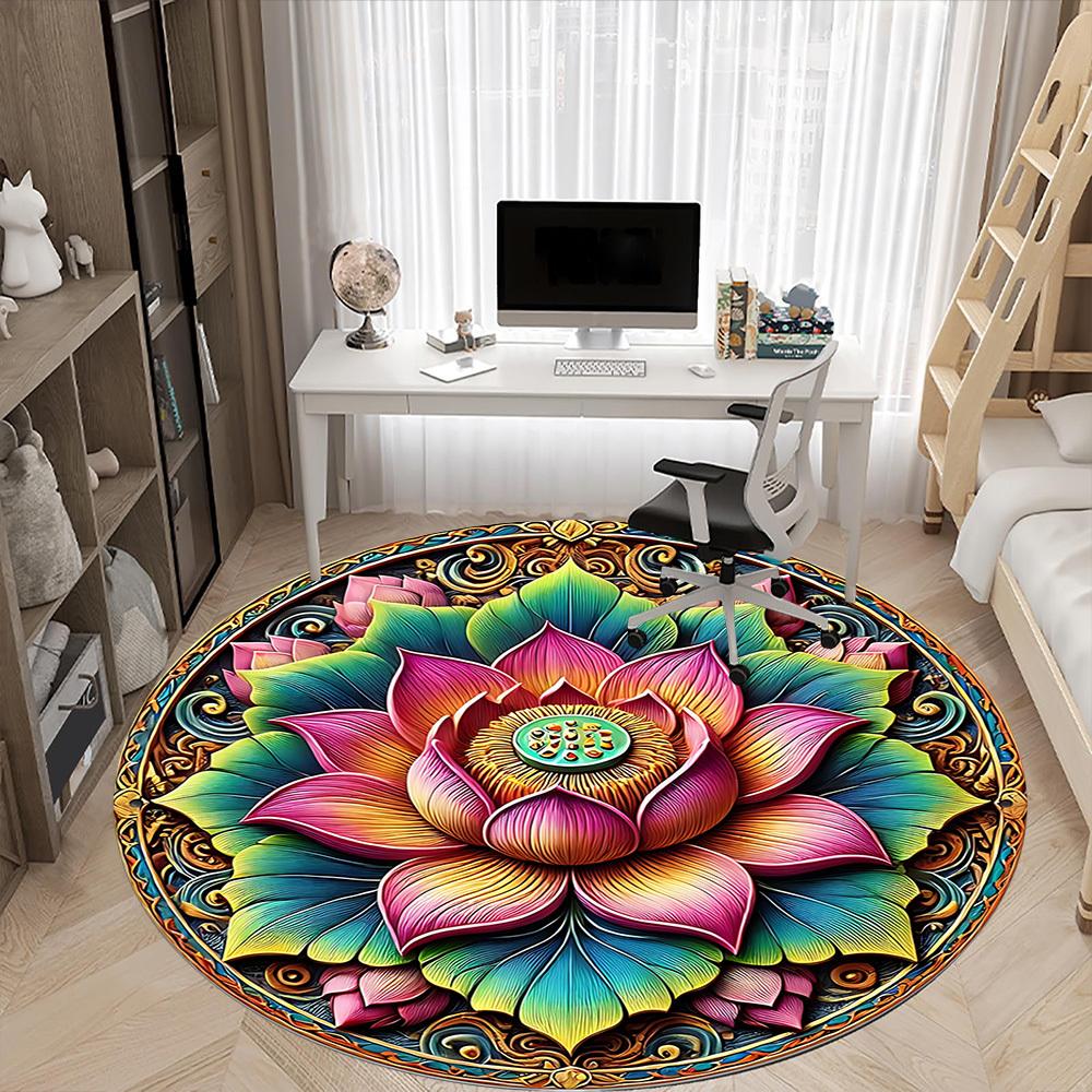 1pc Lotus Mandala Chair Carpet for Office, Round Non Slip Durable Large Size Office Carpet, Suitable for Office