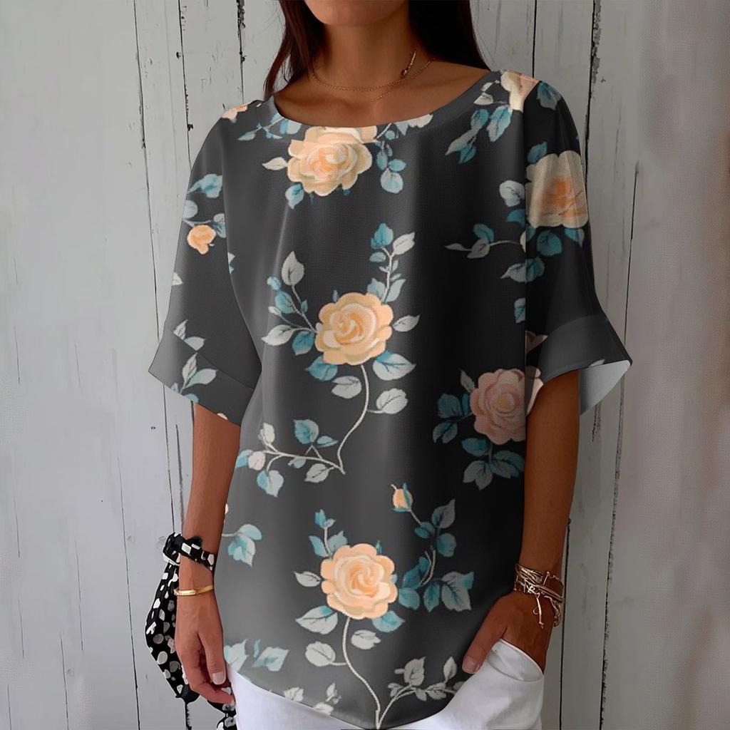 Women's Fashionable Casual Round Neck Printed Top Loose Top Printed Top Loose Top