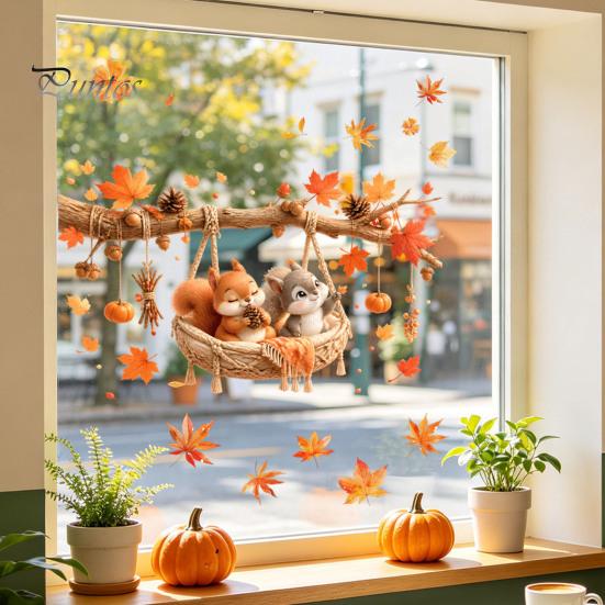 Seasonal Window Films 2Pcs Fall Maple Leaves Animals Static Stickers, Autumn Squirrel/Hedgehog/Rabbit/Raccoon Glass Removable Decor PVC Waterproof