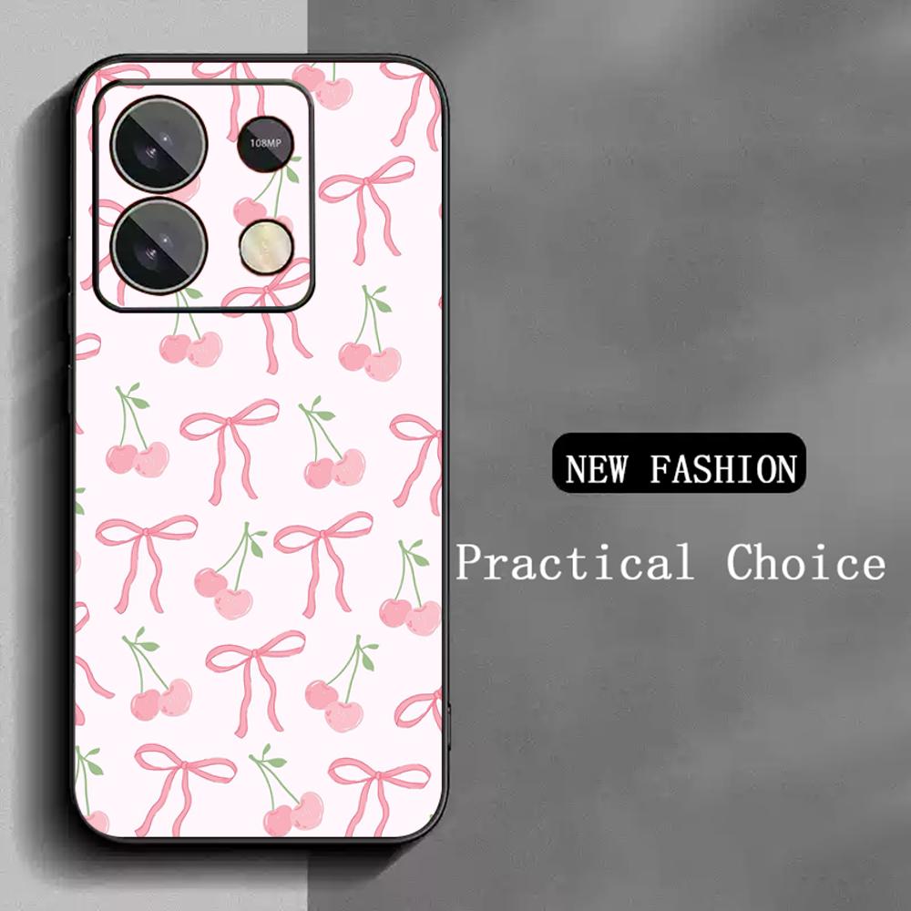 Bow Cute Pink Design Ins Girl Phone Case For Redmi Note 14 13 12 11 Pro Plus S 5G 14C A3 Soft Black Phone Cover