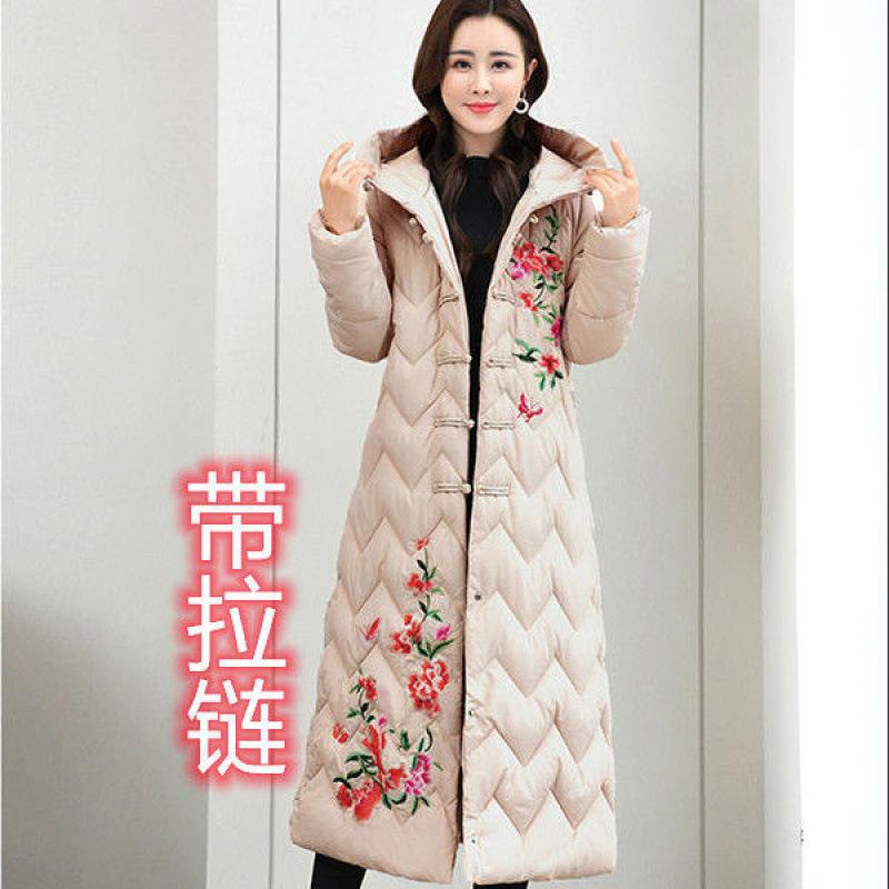 Mother's embroidered cotton-padded clothes with zipper Women's medium and long loose large size down cotton-padded clothes Winter cotton-padded