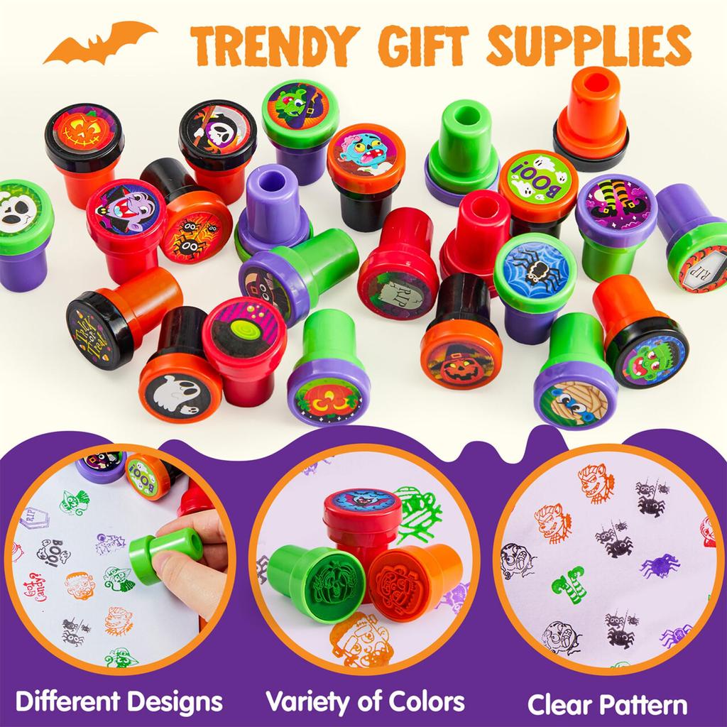 JOYIN 100pcs Halloween Stampers for Kids 25 Designs Assorted Plastic Stamps for Halloween Party Goodie Bag Teacher Student Classroom Game Prizes