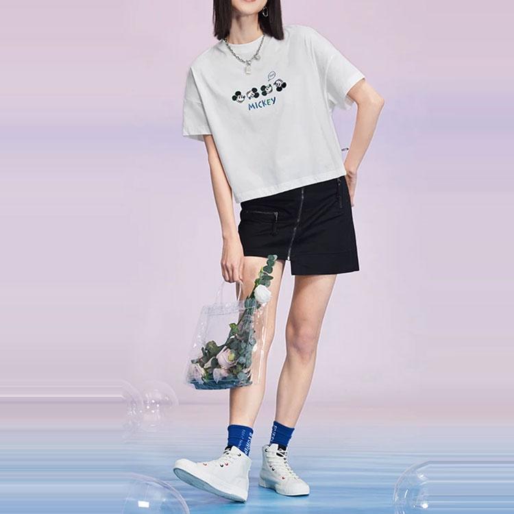 Li Ning X Disney Collaboration Sports Lifestyle Series Mickey Print Crew Neck Pullover Short Sleeve T-Shirt Women Tops White AHSS876-1