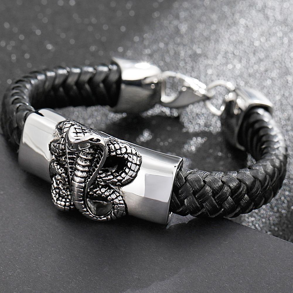 Punk Gothic Men's Snake Head Body Bracelet Man Distressed 316L Stainless Steel & Leather Wrap Bracelet for Men Animal Jewelry