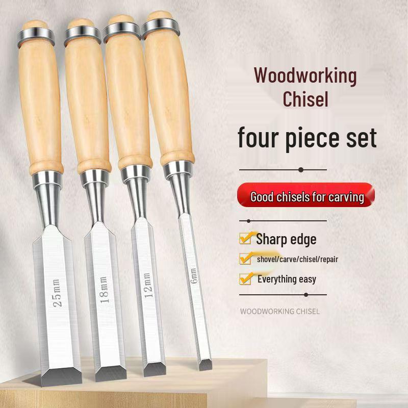 4-Piece Woodworking Chisel Set with Beech Wood Handles – Flat Steel Chisels for Carving