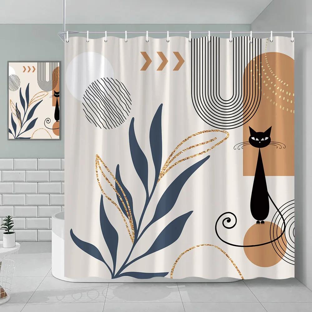 Bohemian Shower Curtain Cat Romantic Mid Century Modern Minimalist Abstract Lines Geometric Tropical Plants Bathroom Decoration