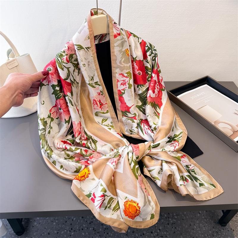 Thin Printing Simulation Silk Brocade Sunscreen Colorful Flower Silk Scarf Long Scarf Shawl Versatile Headscarf Scarf