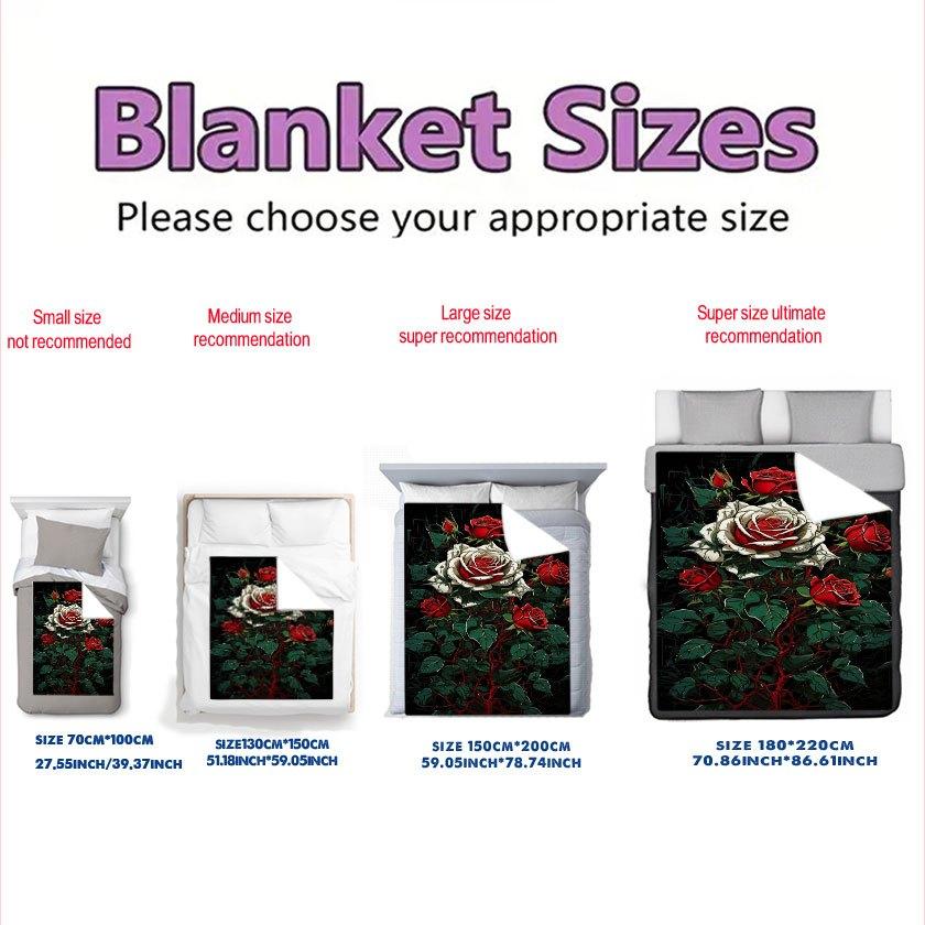 Red and White Rose Theme Pattern Flannel Printed Blanket Suitable for All Seasons Suitable for Living Room Office Sofa Travel