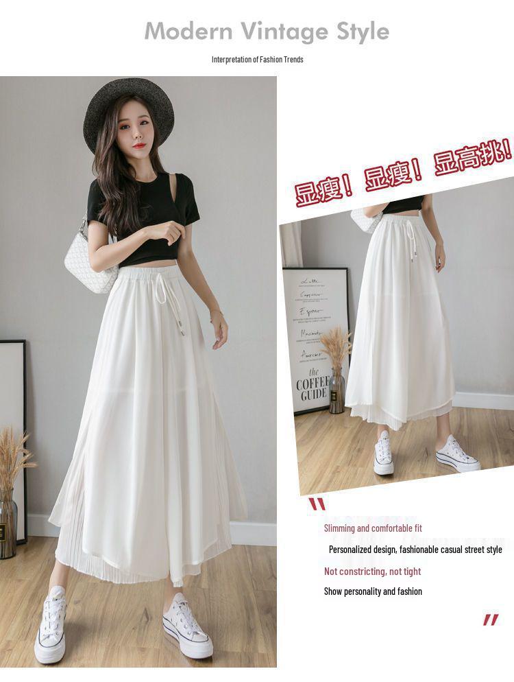 Chiffon High-Waisted Black Wide-Leg Cropped Pants for Women - Korean Style, Loose Fit, Slimming.