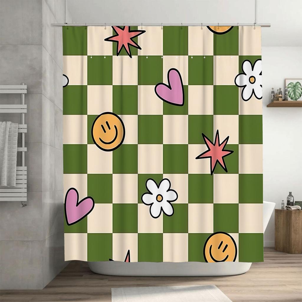 Stylish Green and Beige Checkered Shower Curtain with Cute Patterns for Your Home Bathroom DecorationWaterproof PolyesterFabric