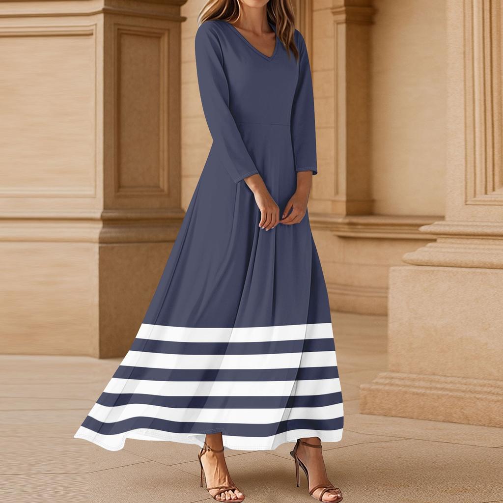 Women's Three-quarter Sleeves Fashionable Floral Stripe Print Loose Casual Comfortable Dress
