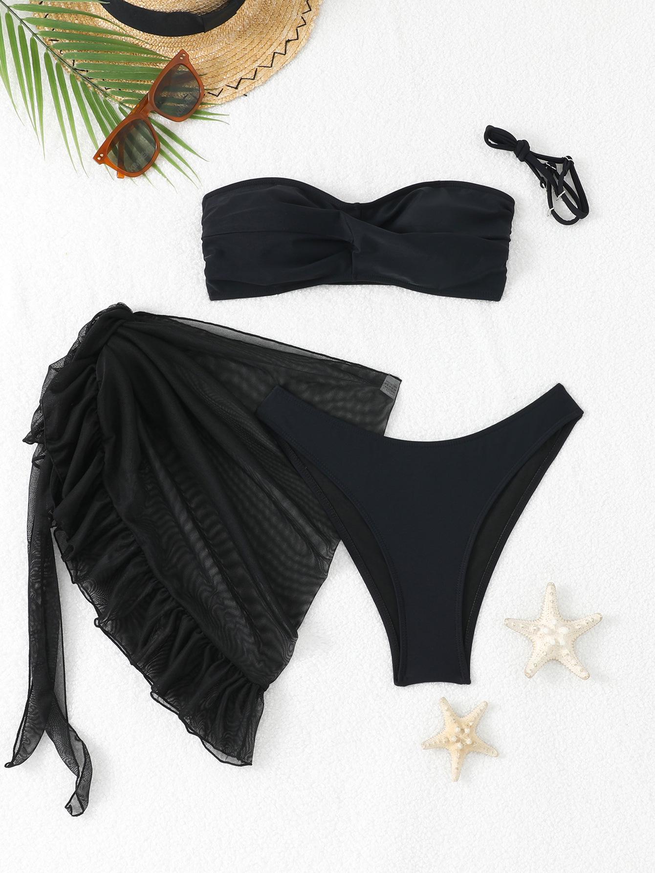 Женский трехсекционный сетчатый бандо-бикини, европейский и американский стиль, 2026 Medium чёрный