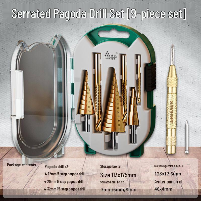 Green Forest Sawtooth Pagoda Drill Bit Set for Wood & Metal