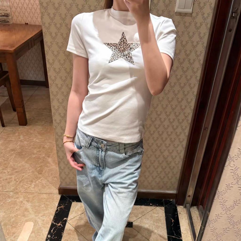 American pentagram leopard print front shoulder short-sleeved t-shirt women's summer new Spice Girl slim-fit versatile top