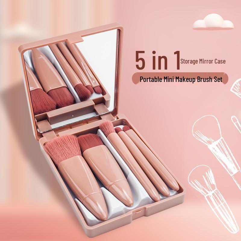 5-Piece Mini Mirror Makeup Brush Travel Set with Storage Box