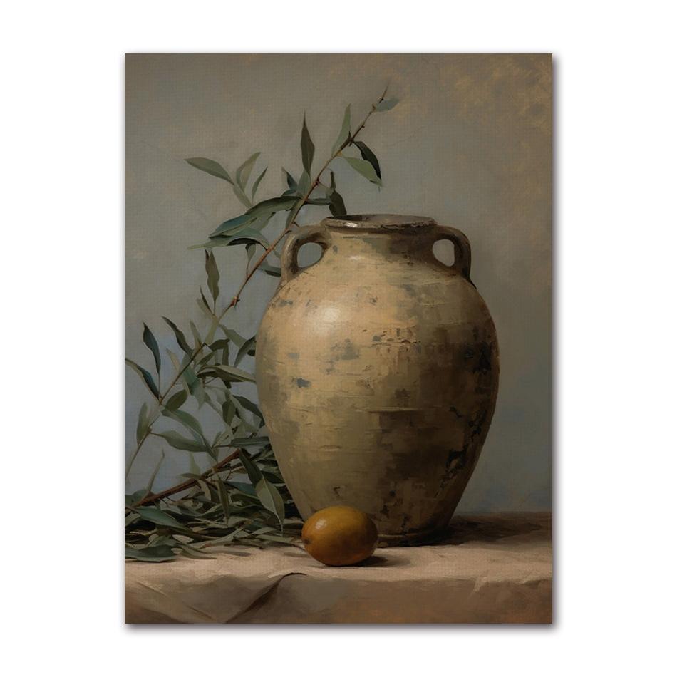 Vintage Minimalist Wall Art Italy Olive Tree In Vase Canvas Painting Poster Prints Still Life Botanical Antique Home Room Decor