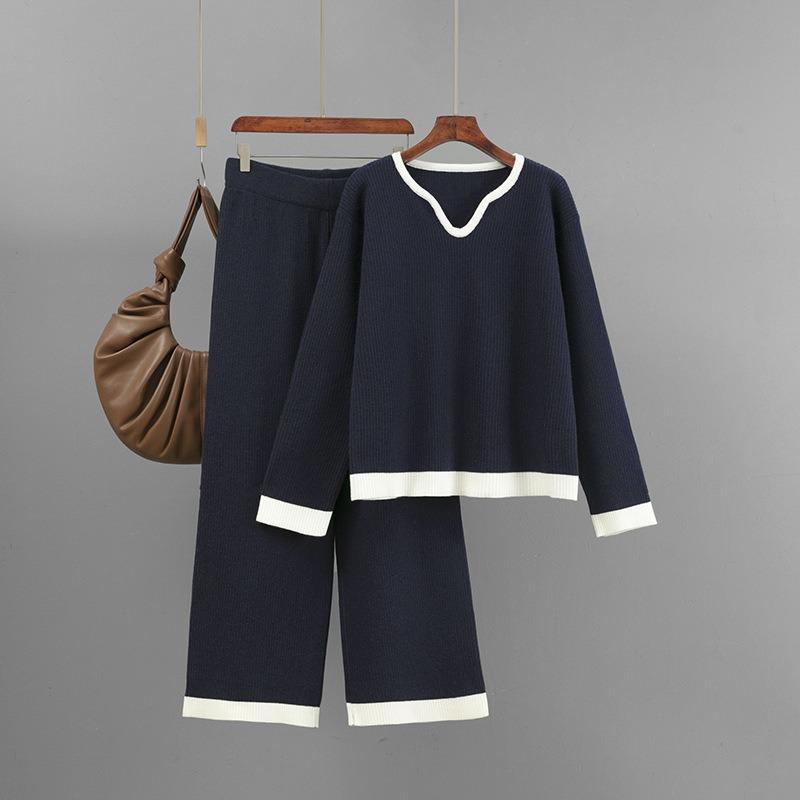 Women's Clothing Autumn and Winter New Pit Strip Knitted Suit Women's Collar Contrasting Color Top Wide-leg Pants Two-piece Set