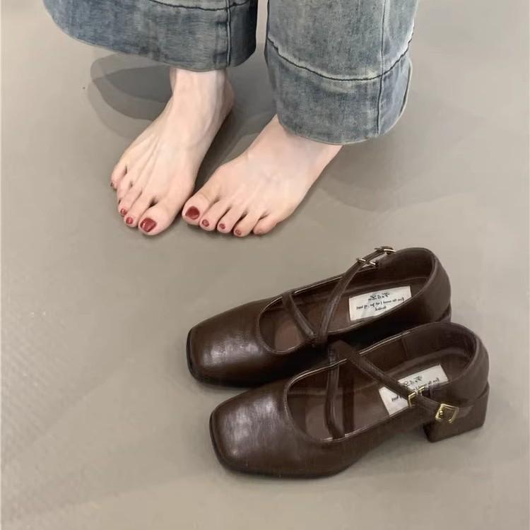 Retro Mary Jane shoes in early autumn 2025 new French temperament elegant square head light mouth thick heel high heel small leather shoes