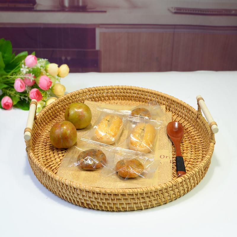 Dinner Serving Tray Breakfast Bread Food Plate Handwoven Rattan Storage Tray Round Shape Fruit Cake Wicker Basket With Handle