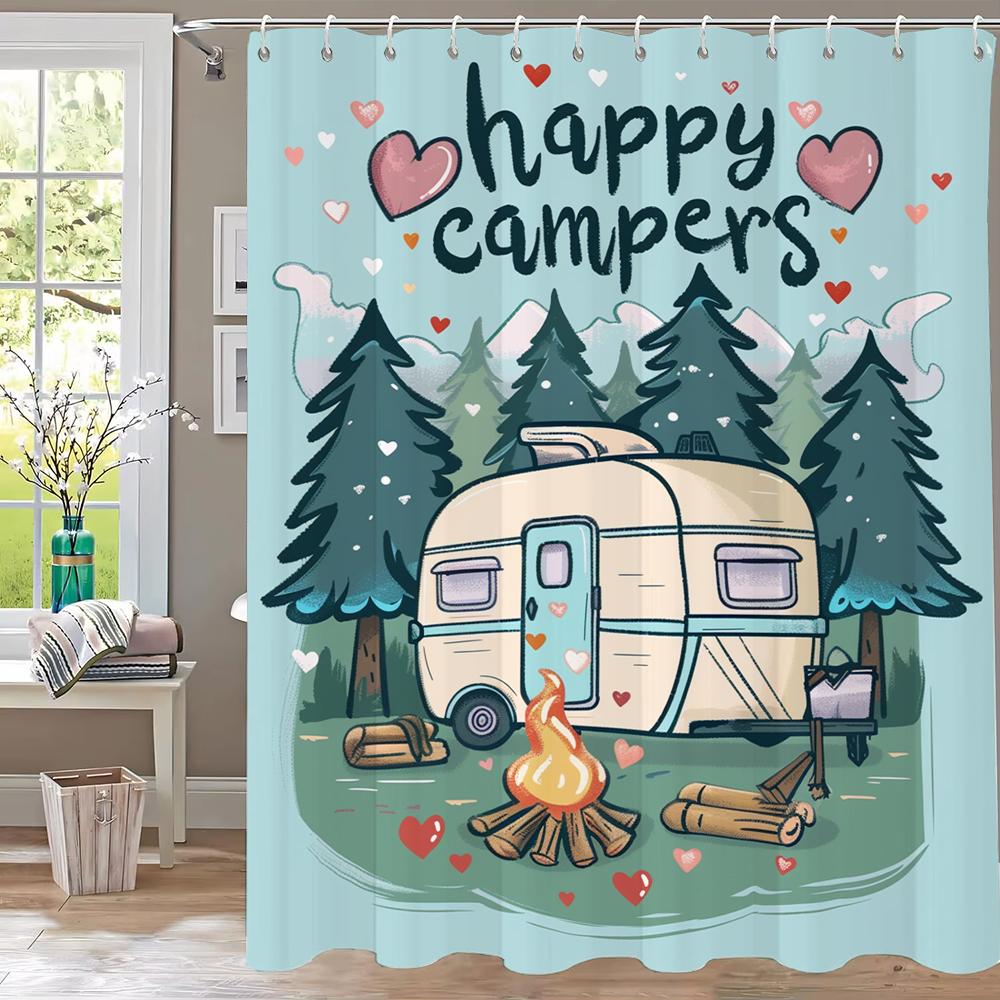 

1Pc Cartoon Happy Camper Print Shower Curtain Partition Privacy Hanging Bathroom Curtain With 12 Hooks Machine Washable W60H190(CM)-1 Pcs
