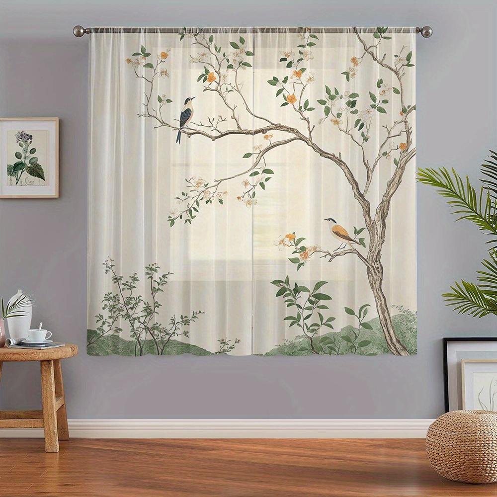 2PCS Chinese Style Floral Bird Vine Sheer Curtains Voile for Kitchen Caf Dining Room Balcony Garden Bedroom
