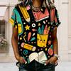 Women Plus Size Lapel Short Sleeve Shirt Colorful Stationery Cartoon Print Button Front Casual Blouse
