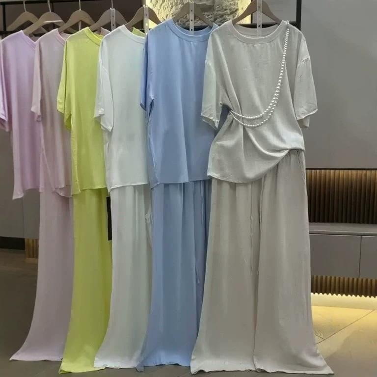 Spring and Autumn New European and American Women's Clothing Cross-border Long Sleeve Crew Neck T-Shirt Top Casual Wide Leg Pants Two-piece Set