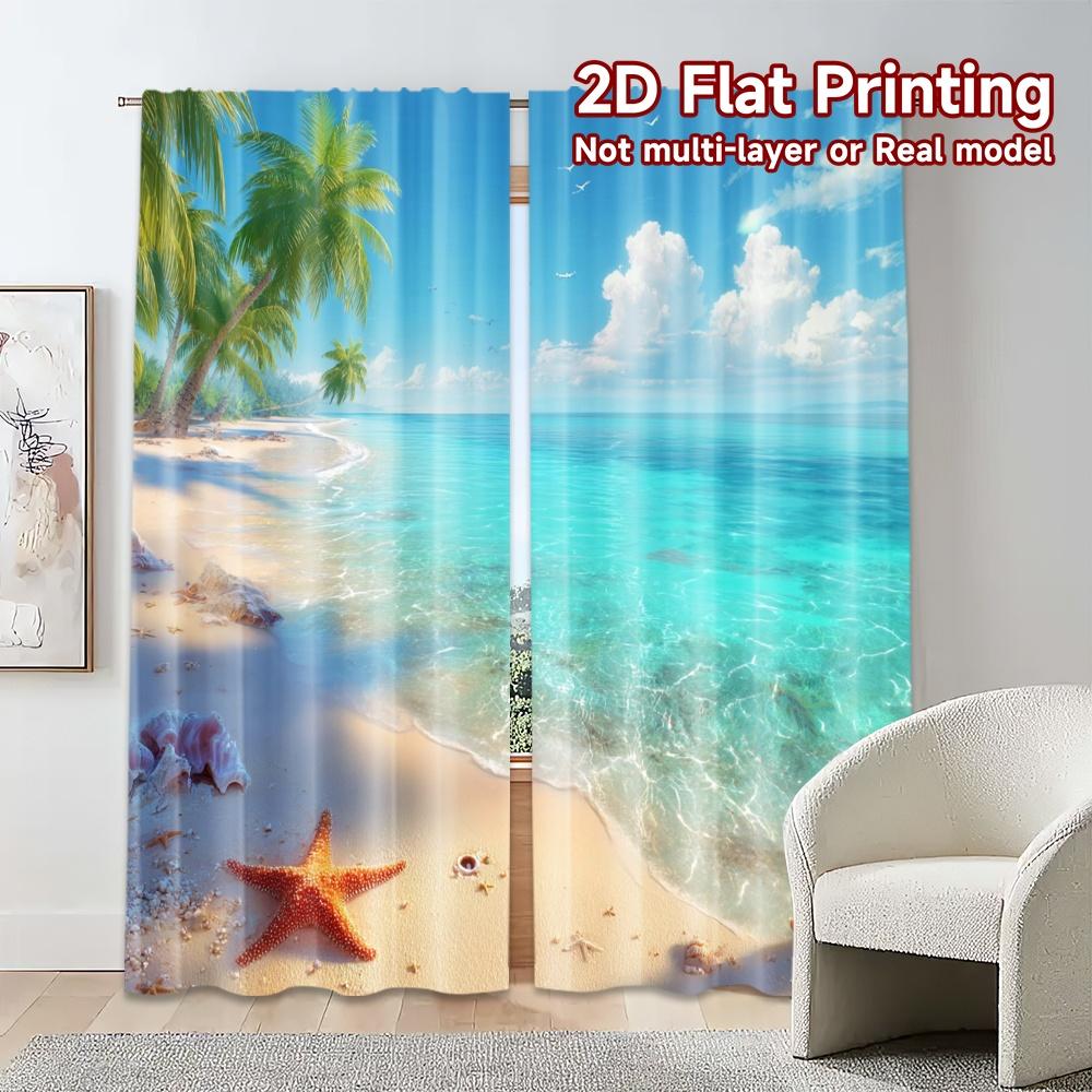 2pcs, 2D FLAT PRINTING Curtains (Without Rod) Seaside Bliss Pattern Popular Curtains Versatile Fabric Curtains Room Decor