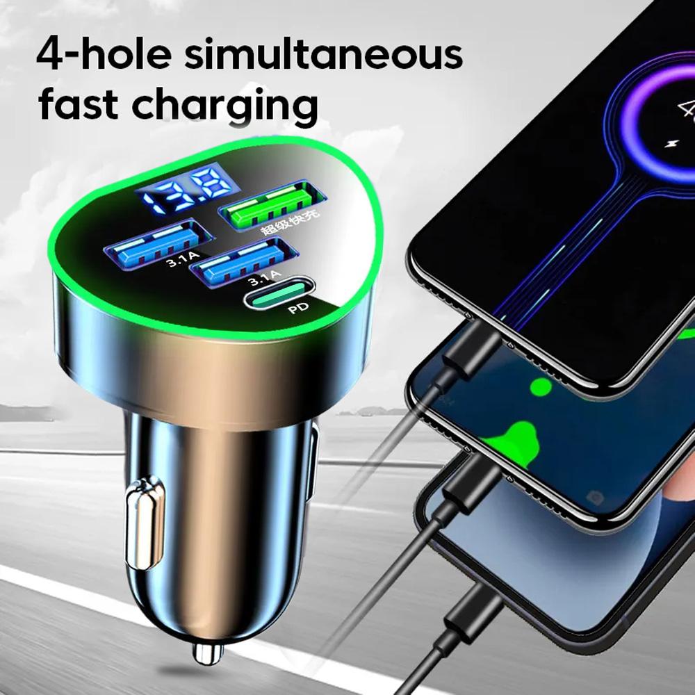 Car Phone Charger USB Type C Super Fast Charge in Car with LED Voltage Monitor for iPhone Samsung Huawei Oneplus Vivo Oppo