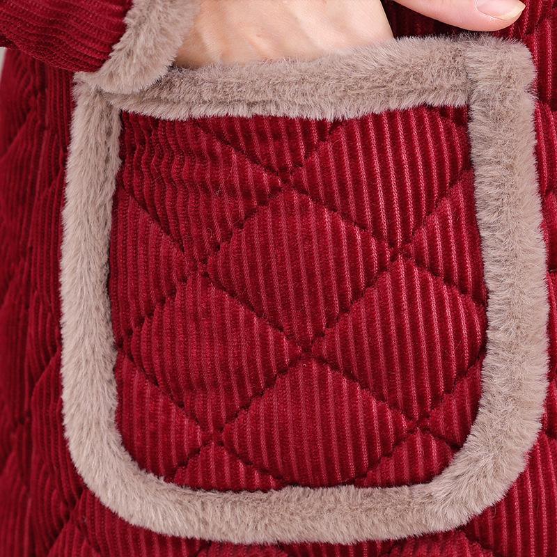 Cozy Plaid Fleece-Lined Jacket for Elderly Women - Mid-Length Winter Coat for Grandmothers