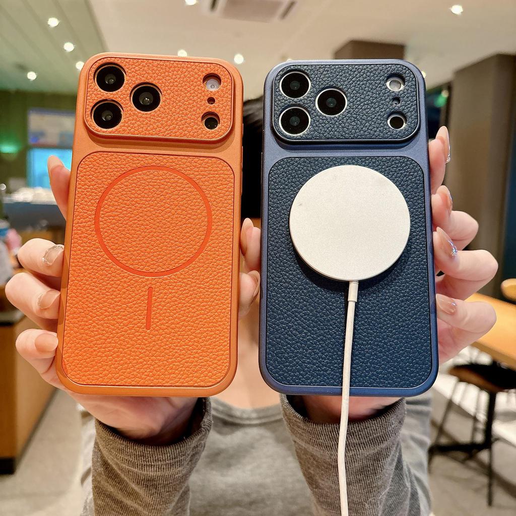 Magnetic Leather Texture Phone Case for iPhone 17 Pro Max: Instantly Transforms into Large Window, Compatible with Apple 16, Business Lychee Design.