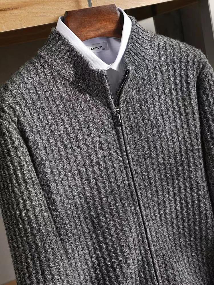 Men's Thickened Wool Knit Cardigan with Stand Collar Zipper Sweater