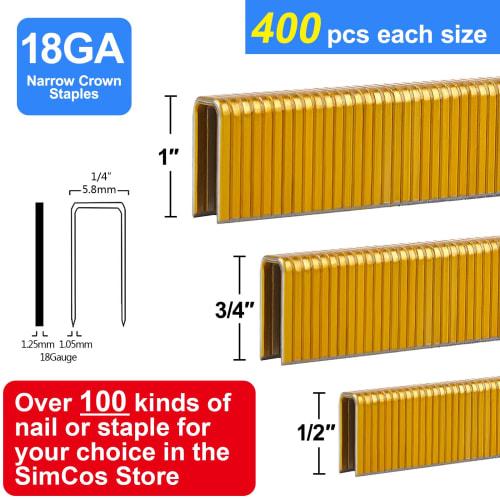 SimCos 18 Gauge 1/4" Narrow Crown Staples (1", 3/4", 1/2"), Zinc Plated, 1200 Count, Assorted Project Pack for Air or Electric Staplers