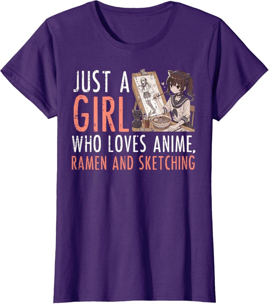Anime Ramen Sketching Girl Graphic Tee Kawaii Drawing Lover Casual TShirt for Women