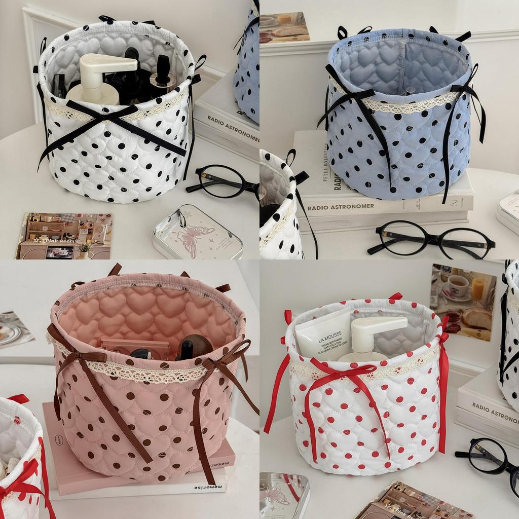 Stylish Nylon Dot Pattern Storage Bin With Ribbon For Makeup And Toy Organization