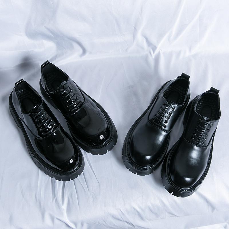 Foreign Trade 2025 Spring and Autumn New Square Head Black Men's Large Size Retro Glossy Thick Sole Heightening with Wedding Groom Leather Shoes